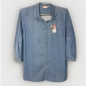 Quacker Factory 3X Denim Gem Snowman Chambray Roll Tab Sleeve Holiday Sparkle
